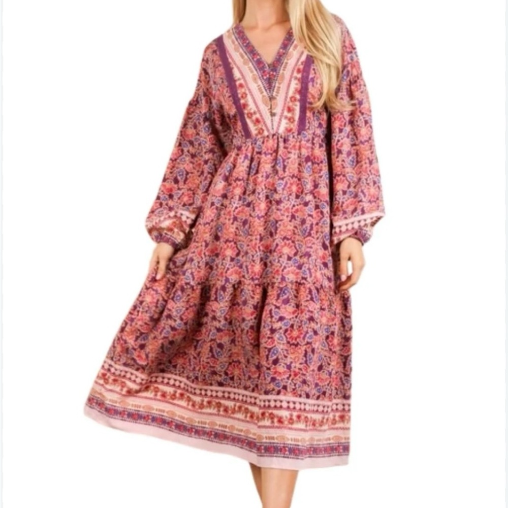 Boutique Bohemian Long Sleeve Pink Purple Midi Dress Women’s Small Hippie Boho